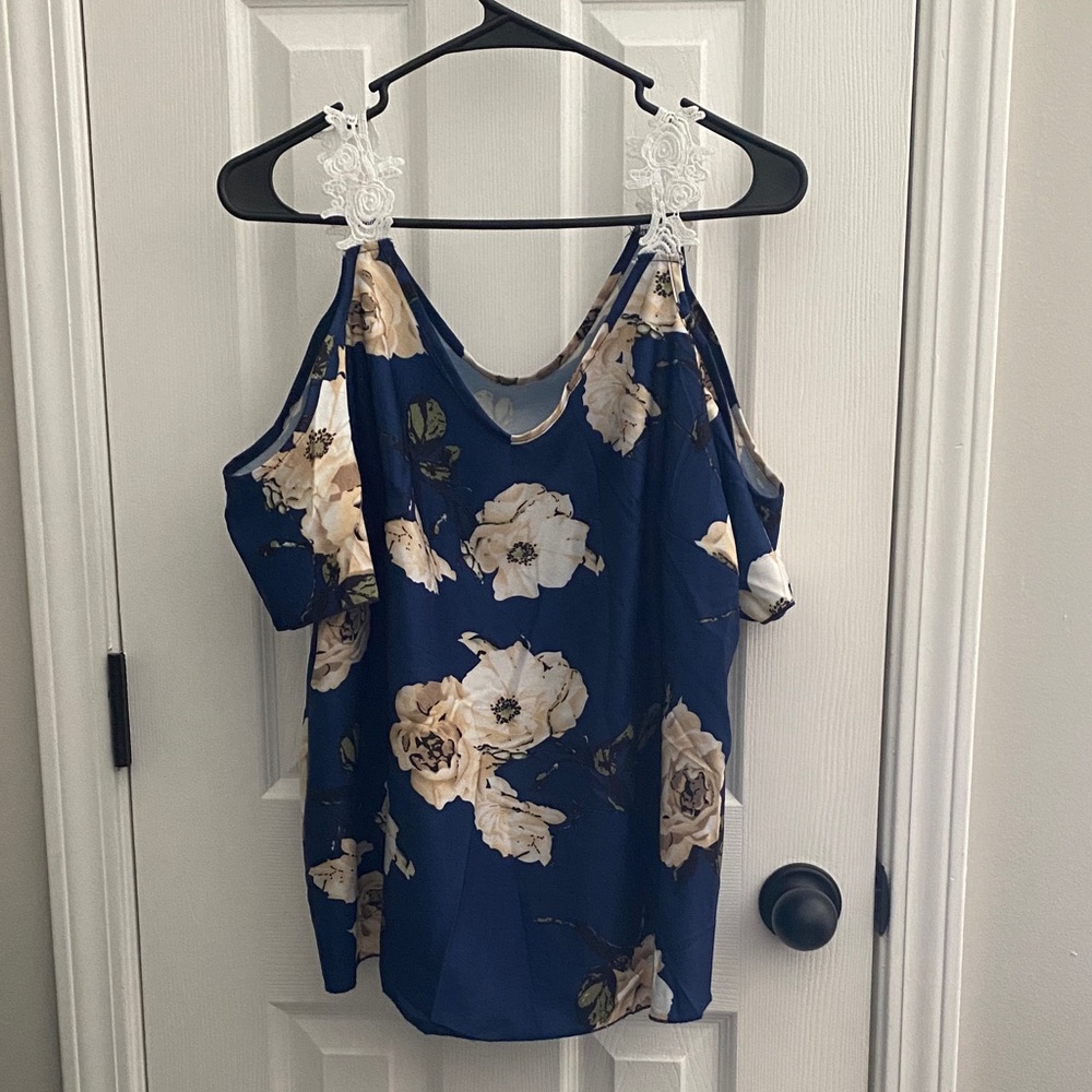 SHEIN Floral Cold Shoulder Blouse - Navy and Cream